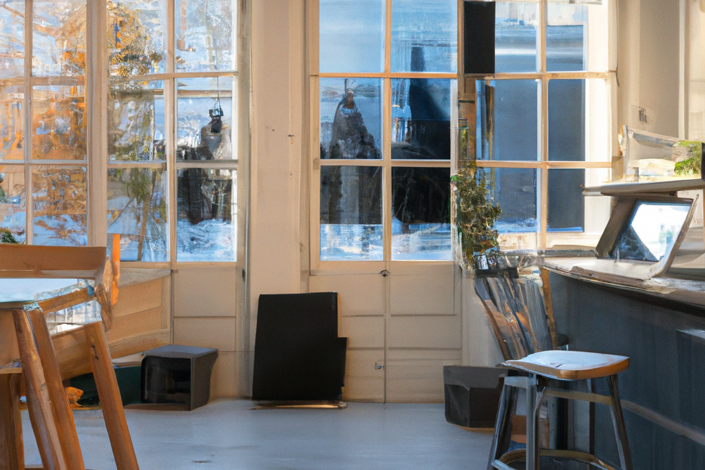 Bright café interior with wooden furniture and large windows overlooking a snowy landscape.