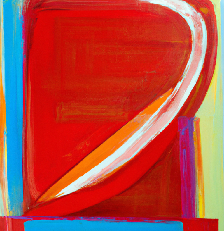 Abstract art featuring bold red, orange, and blue shapes with smooth, curved lines.