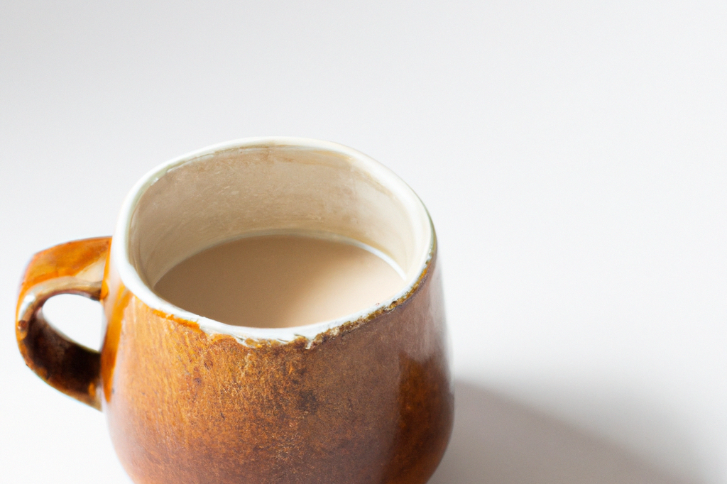 Brown ceramic mug filled with light brown liquid on a white surface.