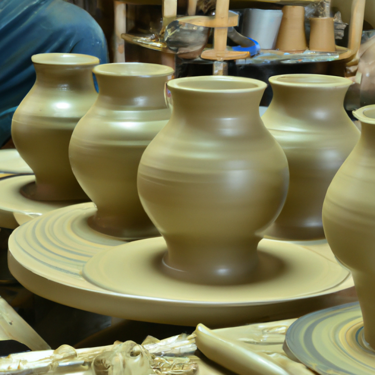 Five unglazed clay pottery vases on a potter's wheel in a workshop.