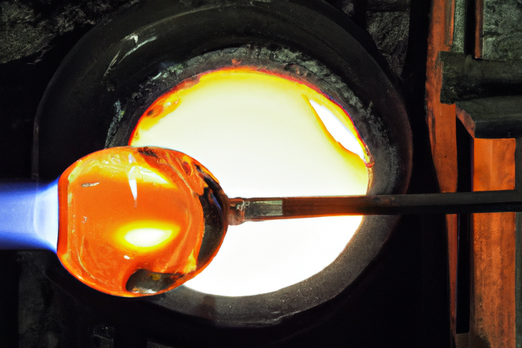 Molten glass being shaped with a blowpipe over a furnace, glowing orange and white.